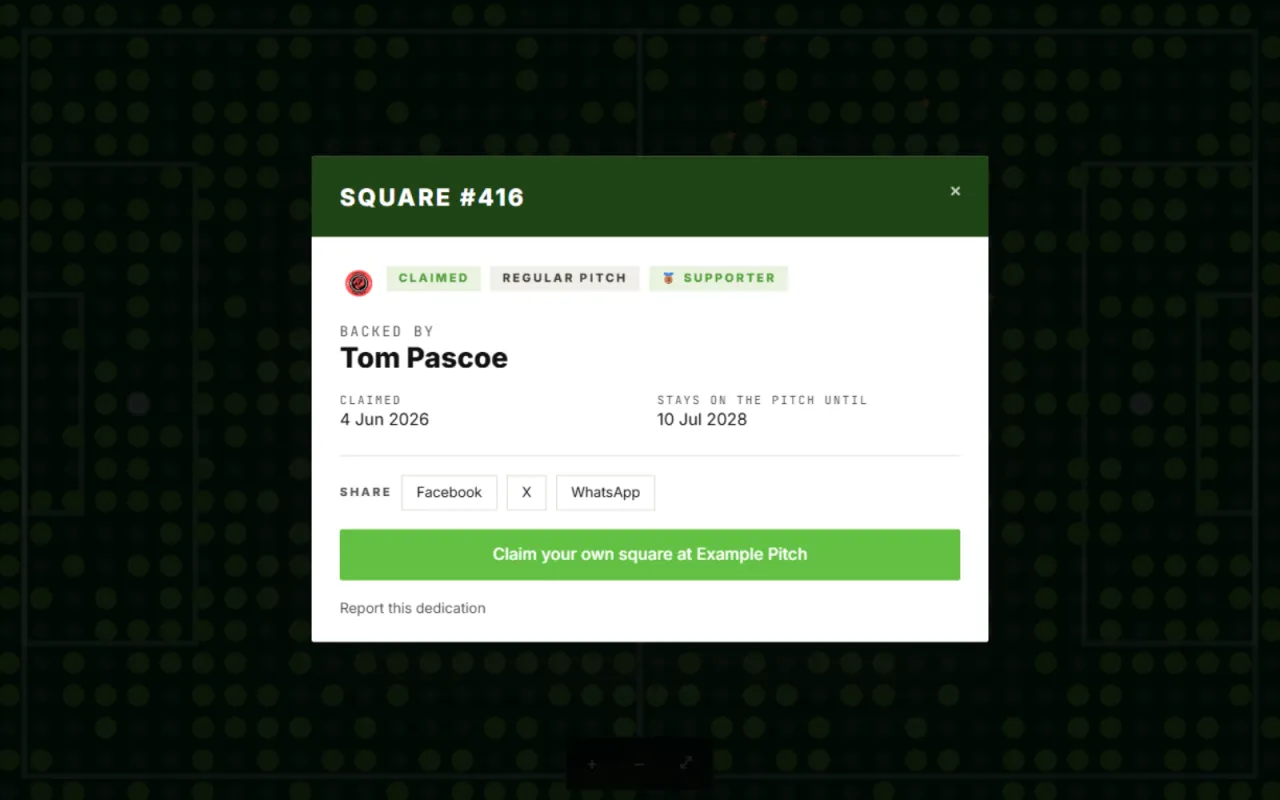 A club's Pitch fundraising page showing a progress bar and claimed squares