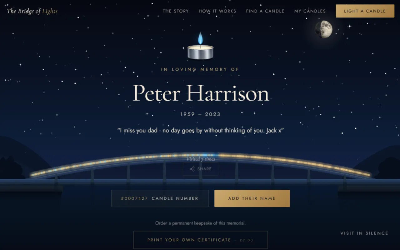 The Bridge of Lights at night: a row of candle lights along a bridge under a starfield