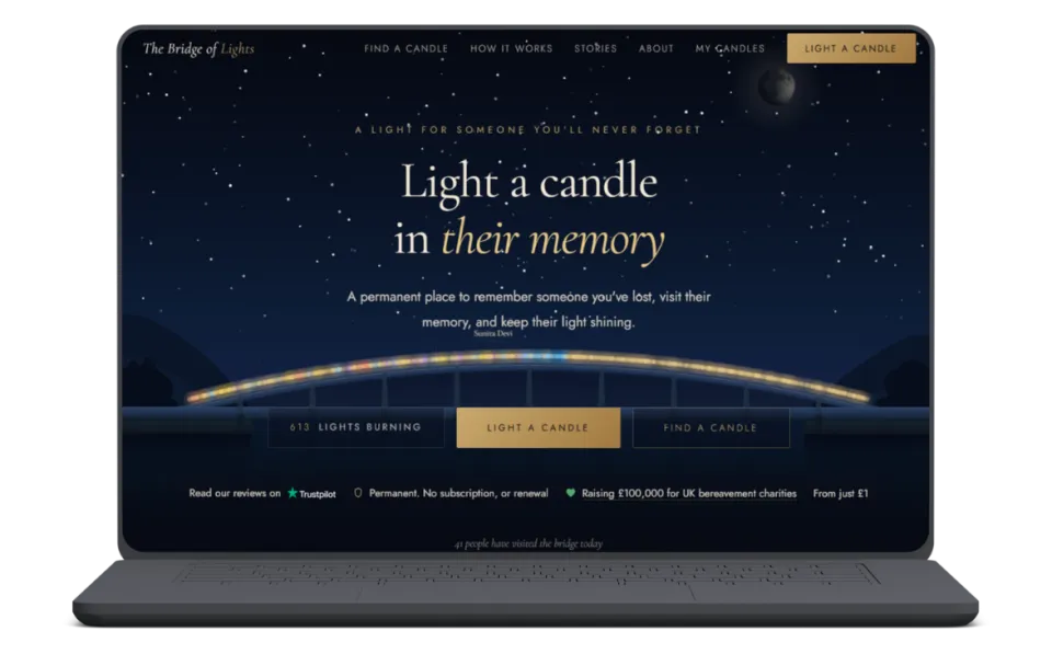 The Bridge of Lights at night: a row of candle lights along a bridge under a starfield